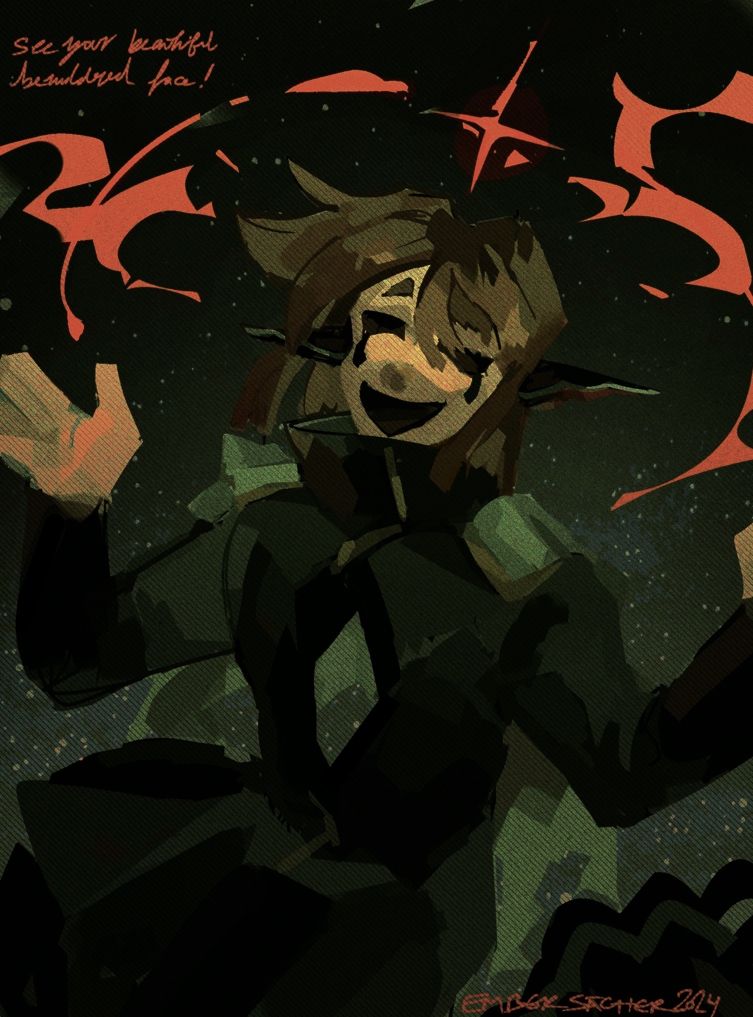 illustration with a space backdrop. a man in uniform, with shoulder-length brown hair, piercing black eyes and wide smile glances to the camera, arms outstretched in a shrugging pose.